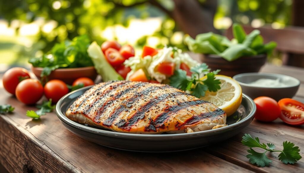 A beautifully plated grilled chicken breast served on a rustic wooden table, surrounded by an array of fresh ingredients. In the foreground, showcase juicy, golden-brown chicken, perfectly charred with grill marks, garnished with fresh parsley and a slice of lemon. In the middle, display vibrant toppings like shredded lettuce and diced tomatoes, adding color and freshness. In the background, softly blurred out, incorporate elements of a casual outdoor dining setting, with greenery and sunlight filtering through tree leaves, creating a warm and inviting atmosphere. Aim for natural, soft lighting to enhance the textures and colors of the food, capturing the essence of wholesome, nutritious ingredients.