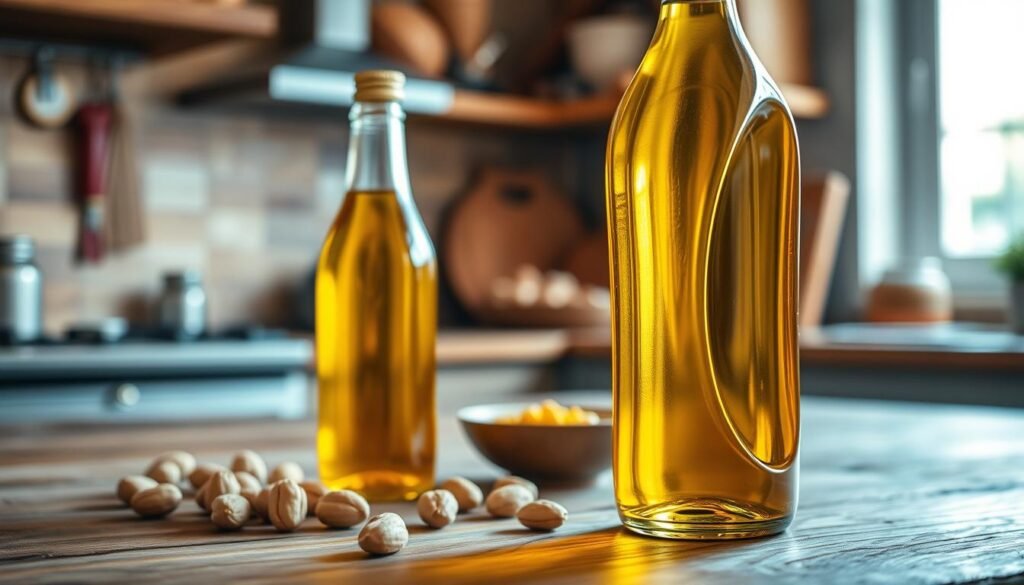 A bottle of golden peanut oil, prominently displayed in the foreground, with glistening reflections showcasing its rich color and texture. The bottle, elegantly shaped with a sleek design, sits on a rustic wooden kitchen countertop. In the middle ground, scattered peanuts and a small bowl of peanut oil glisten under soft, warm lighting, emphasizing the quality of the ingredients. The background features a blurred kitchen setting, with hints of cooking utensils and natural light filtering in through a window, creating a cozy and inviting atmosphere. The overall mood is warm and appetizing, with a focus on the elegance and purity of peanut oil as an ingredient. The image should evoke a sense of culinary quality and craftsmanship.