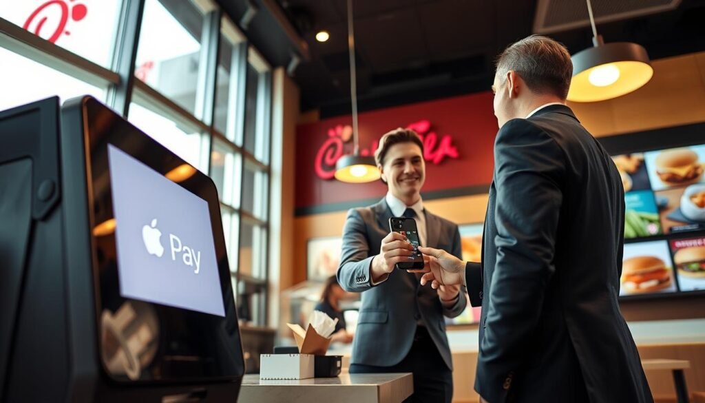 A bright and inviting Chick-fil-A restaurant interior, showcasing a modern payment kiosk prominently displayed in the foreground. The kiosk features an illuminated Apple Pay logo, indicating payment options. In the middle ground, a friendly employee in neat business attire is assisting a customer at the counter, who is holding an iPhone with the Apple Pay interface visible. Soft, natural light filters through large windows, creating a warm, welcoming atmosphere. The background features colorful Chick-fil-A branding and delicious menu items displayed on vibrant screens. The angle is slightly elevated, capturing the engaging interaction between the employee and the customer while emphasizing the focus on the payment method confirmation. The overall mood is positive and reassuring, reflecting a seamless transaction experience.