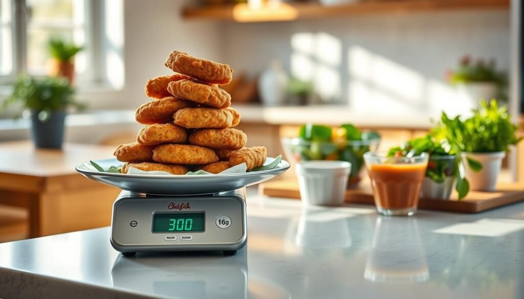 A bright and inviting kitchen countertop featuring a beautifully arranged plate of Chick-fil-A nuggets, artfully stacked to showcase their golden-brown texture. In the foreground, a simple, elegant scale displays the weight of the nuggets in grams, positioned next to a small calculator indicating a calorie count calculation. The middle ground features a vibrant salad bowl and a dipping sauce container, harmonizing with the main dish. Soft, natural lighting streams in from a nearby window, casting gentle shadows and creating a warm, appetizing atmosphere. The background is subtly blurred, hinting at a cozy kitchen setting with a wooden dining table and fresh herbs in pots, evoking a homey feel. Capture this in a high-quality photo style with a slight depth of field, focusing on the nuggets and scale, conveying a sense of healthy eating and mindful dining.