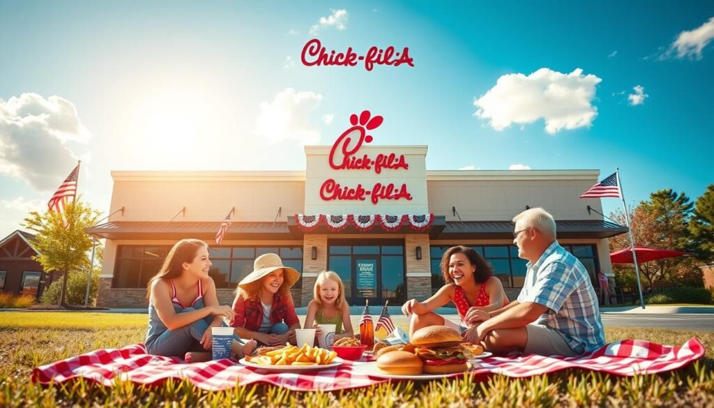 A bright, inviting scene outside a Chick-fil-A restaurant on Memorial Day. In the foreground, a family of four is enjoying a festive picnic on a red and white checkered blanket, with delicious Chick-fil-A food spread out. The middle ground features the modern Chick-fil-A building, adorned with patriotic decorations such as American flags and red, white, and blue bunting. In the background, a clear blue sky with fluffy white clouds enhances the cheerful atmosphere. The lighting is warm and bright, capturing the essence of a sunny holiday. The composition is shot at a slightly elevated angle to provide a comprehensive view of the joyful gathering and the restaurant, creating a sense of community and celebration. The overall mood is festive and family-oriented, embodying the spirit of Memorial Day.