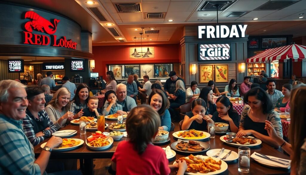 A bustling casual dining restaurant scene depicting a mixture of patrons dining inside a Red Lobster and TGI Fridays. In the foreground, cheerful families and groups of friends are enjoying their meals, with vibrant seafood platters and signature appetizers laid out on the tables. The middle ground shows waitstaff efficiently attending to customers, wearing professional attire with aprons. The background features warmly lit interiors with nautical-themed decor in the Red Lobster section and a cozy, rustic vibe in TGI Fridays, complete with red and white checkered tablecloths. Soft evening lighting casts a welcoming glow, evoking a lively yet relaxed atmosphere. The angle showcases the bustling interactions, making it feel dynamic and engaging, ideal for illustrating the theme of change in the dining industry.