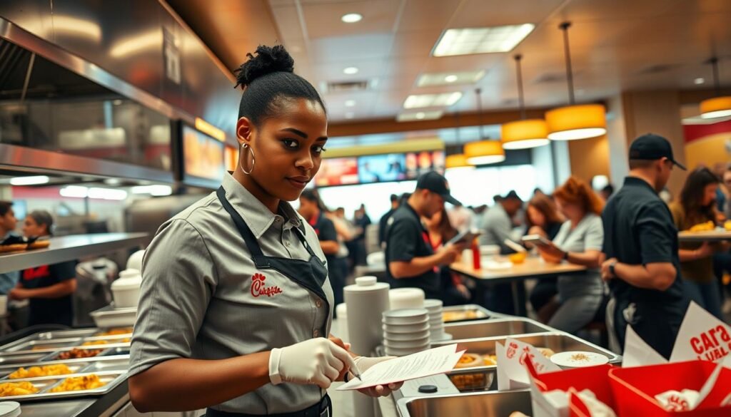 A busy restaurant kitchen scene during a peak shift, showcasing an organized and efficient workflow. In the foreground, a professional-looking employee in a neat Chick-fil-A uniform skillfully prioritizing various tasks at a prep station, surrounded by ingredients and cooking tools. The middle ground features team members collaborating, efficiently serving customers and communicating with each other, while clearly defined task lists on clipboards are visible. The background presents a bustling dining area with customers enjoying meals, illuminated by warm overhead lighting that enhances the atmosphere of productivity and teamwork. The angle of the shot is slightly elevated, giving a comprehensive view of the dynamic environment, conveying a sense of urgency balanced with effective task management. A busy restaurant kitchen scene during a peak shift, showcasing an organized and efficient workflow. In the foreground, a professional-looking employee in a neat Chick-fil-A uniform skillfully prioritizing various tasks at a prep station, surrounded by ingredients and cooking tools. The middle ground features team members collaborating, efficiently serving customers and communicating with each other, while clearly defined task lists on clipboards are visible. The background presents a bustling dining area with customers enjoying meals, illuminated by warm overhead lighting that enhances the atmosphere of productivity and teamwork. The angle of the shot is slightly elevated, giving a comprehensive view of the dynamic environment, conveying a sense of urgency balanced with effective task management.