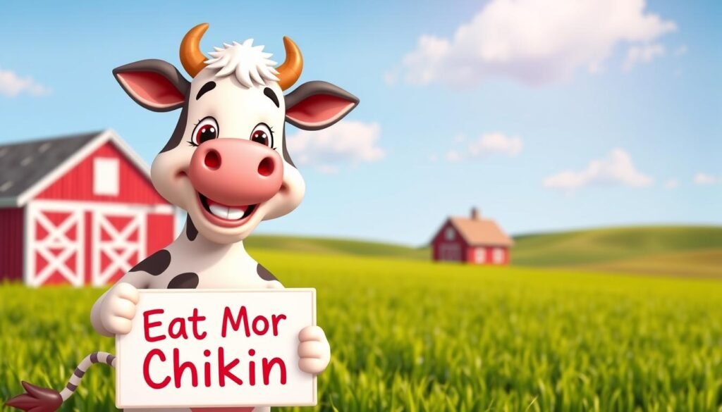 A charming cartoon-style cow with a friendly expression stands in the foreground, wearing a playful cow costume adorned with the Chick-fil-A logo, emphasizing the role of mascot. The cow is holding a sign that says "Eat Mor Chikin" in a lively green field, capturing the spirit of fun and community. In the middle ground, a simple red barn and a clear blue sky are visible, creating a cheerful atmosphere. Soft, warm lighting illuminates the scene, highlighting the cow's cheerful demeanor. The background features rolling hills and a few fluffy clouds, enhancing the idyllic countryside setting. The overall mood is lighthearted and inviting, perfect for a celebratory tone. Focus on vibrant colors and a clear, playful composition.
