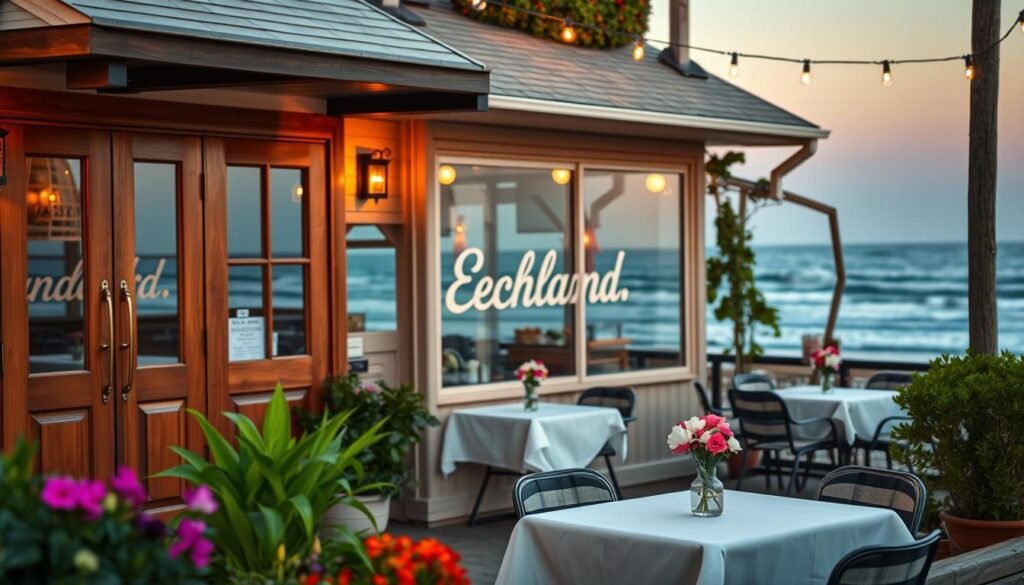 A charming local seafood restaurant exterior in a serene seaside location during golden hour. In the foreground, a welcoming entrance with wooden double doors, surrounded by lush greenery and colorful flowers. A cozy outdoor seating area with tables adorned with white tablecloths and small vases of fresh seafood-themed centerpieces. In the middle ground, the restaurant's name, subtly reflected in the glass windows, captures the ambiance of a friendly dining atmosphere. The background showcases a picturesque view of the ocean, with gentle waves lapping against the shore, enhancing the peaceful vibe. Soft, warm lighting bathes the scene, evoking a sense of comfort and community. The overall mood is inviting and cheerful, perfect for family gatherings or casual dining.