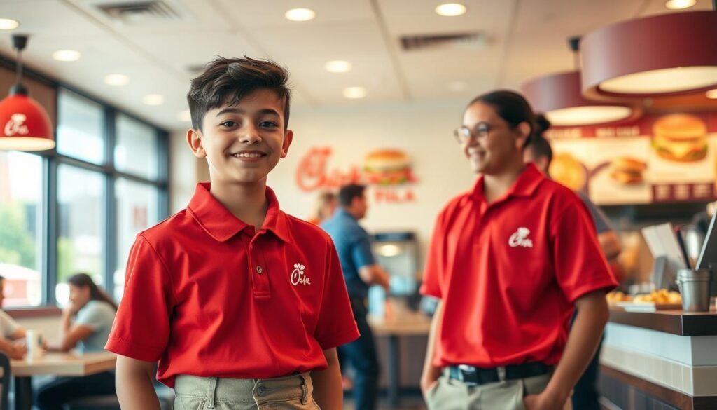 A cheerful team member at Chick-fil-A stands in the foreground, wearing a crisp red polo shirt with the Chick-fil-A logo, paired with khaki pants. The young person, approximately 14 years old, displays a friendly smile and is engaged in conversation with a customer, showcasing excellent service skills. In the middle background, the bustling restaurant environment is visible, featuring a clean dining area with customers enjoying their meals and staff working efficiently. The walls are decorated with Chick-fil-A branding and images of their food. Soft, warm lighting creates an inviting atmosphere, while a slight lens blur enhances the focus on the team member’s positive demeanor, suggesting a welcoming workplace. The angle captures the scene from slightly above, emphasizing the interaction and the community vibe of the local restaurant. A cheerful team member at Chick-fil-A stands in the foreground, wearing a crisp red polo shirt with the Chick-fil-A logo, paired with khaki pants. The young person, approximately 14 years old, displays a friendly smile and is engaged in conversation with a customer, showcasing excellent service skills. In the middle background, the bustling restaurant environment is visible, featuring a clean dining area with customers enjoying their meals and staff working efficiently. The walls are decorated with Chick-fil-A branding and images of their food. Soft, warm lighting creates an inviting atmosphere, while a slight lens blur enhances the focus on the team member’s positive demeanor, suggesting a welcoming workplace. The angle captures the scene from slightly above, emphasizing the interaction and the community vibe of the local restaurant.