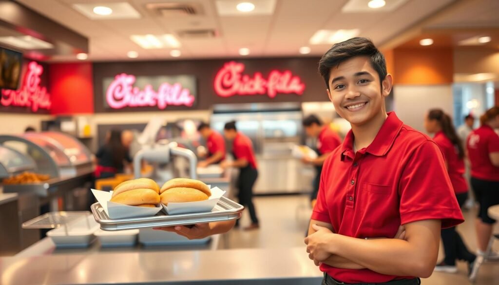 A cheerful young team member at a Chick-fil-A restaurant, wearing a neat red polo shirt and black pants, stands in the foreground, smiling and holding a tray with fresh, golden-brown chicken sandwiches. In the middle ground, a bustling kitchen scene showcases teammates working efficiently together, prepping food and serving customers. The background features a welcoming restaurant environment, with warm lighting illuminating the modern decor and vibrant Chick-fil-A branding on the walls. The composition captures a sense of teamwork and positivity, with soft focus on the back, emphasizing the team dynamic. The image should convey a lively, friendly atmosphere that reflects community spirit and professionalism, shot from eye level with a slight depth of field for added warmth. A cheerful young team member at a Chick-fil-A restaurant, wearing a neat red polo shirt and black pants, stands in the foreground, smiling and holding a tray with fresh, golden-brown chicken sandwiches. In the middle ground, a bustling kitchen scene showcases teammates working efficiently together, prepping food and serving customers. The background features a welcoming restaurant environment, with warm lighting illuminating the modern decor and vibrant Chick-fil-A branding on the walls. The composition captures a sense of teamwork and positivity, with soft focus on the back, emphasizing the team dynamic. The image should convey a lively, friendly atmosphere that reflects community spirit and professionalism, shot from eye level with a slight depth of field for added warmth.
