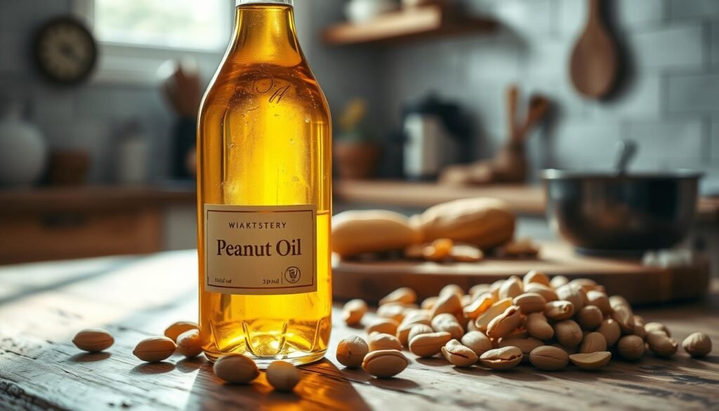 A clear glass bottle of rich golden peanut oil, its surface glistening under soft, diffused natural lighting, sits prominently in the foreground. The label on the bottle is sophisticated yet minimal. In the middle ground, a rustic wooden table features scattered peanuts, some whole and others shelled, creating an engaging texture contrast. In the background, a softly blurred kitchen setting hints at culinary activity, with light streaming through a window, casting gentle shadows. The atmosphere is warm and inviting, suggesting a homey cooking environment, while the focus remains on the peanut oil as a key ingredient. The composition conveys a sense of care and consideration for those avoiding peanuts, providing a serene and informative aura.