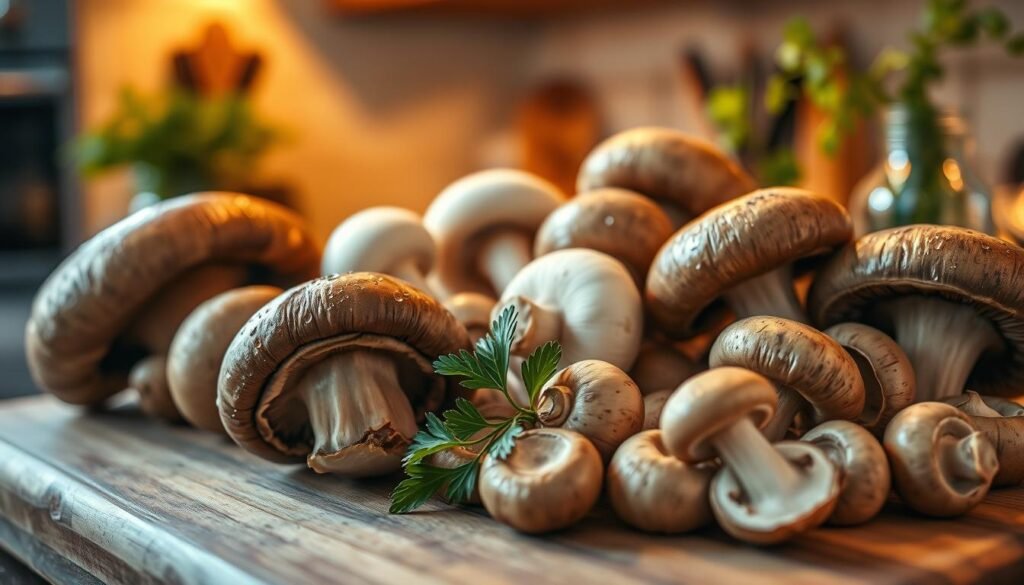A close-up composition featuring a variety of fresh, plump mushrooms, including large portobello and small cremini varieties, arranged artfully on a rustic wooden cutting board. The foreground highlights the mushrooms, showcasing their earthy tones of brown, white, and tan, with glistening drops of moisture enhancing their freshness. In the middle ground, a delicate sprig of fresh parsley is sprinkled among the mushrooms, adding a pop of vibrant green. The background features softly blurred kitchen elements, like a warm, inviting oven and fresh herbs in a vase, creating a cozy, culinary atmosphere. Golden, warm lighting casts a gentle glow, evoking a sense of comfort and appetizing anticipation, perfect for illustrating a gourmet dish. A close-up composition featuring a variety of fresh, plump mushrooms, including large portobello and small cremini varieties, arranged artfully on a rustic wooden cutting board. The foreground highlights the mushrooms, showcasing their earthy tones of brown, white, and tan, with glistening drops of moisture enhancing their freshness. In the middle ground, a delicate sprig of fresh parsley is sprinkled among the mushrooms, adding a pop of vibrant green. The background features softly blurred kitchen elements, like a warm, inviting oven and fresh herbs in a vase, creating a cozy, culinary atmosphere. Golden, warm lighting casts a gentle glow, evoking a sense of comfort and appetizing anticipation, perfect for illustrating a gourmet dish.