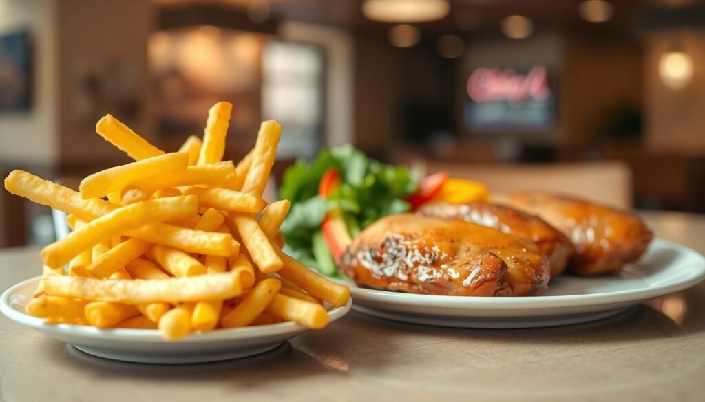 A close-up composition focusing on a plate of golden, crispy Chick-fil-A fries in the foreground, next to a perfectly cooked, juicy chicken breast on a clean, white plate. The middle layer features an assortment of vibrant vegetables such as leafy greens and colorful peppers, symbolizing healthy options. The background displays a blurred restaurant interior with warm, inviting lighting, creating an appealing atmosphere. Use soft, natural light to highlight the textures of the fries and chicken, capturing the glistening oil of the fries and the tender juiciness of the chicken. The angle should be slightly above the plate, emphasizing the contrast between the two protein sources while inviting viewers to reflect on their nutritional values.