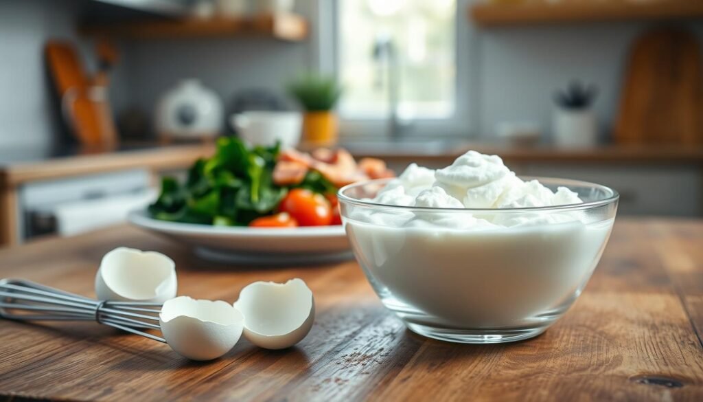 A close-up composition of fresh, fluffy egg whites in a clean glass bowl, sitting on a rustic wooden kitchen countertop. The foreground features a whisk and a few cracked eggshells beside the bowl, emphasizing the preparation process. In the middle distance, a plate showcases additional ingredients like sautéed spinach, diced tomatoes, and lean turkey bacon, artistically arranged. The background is softly blurred, revealing a well-lit kitchen with bright, natural sunlight streaming through a window, creating a warm, inviting atmosphere. The scene captures a sense of health and freshness, ideal for a wholesome breakfast concept, with a soft-focus effect to enhance the beauty of the ingredients.