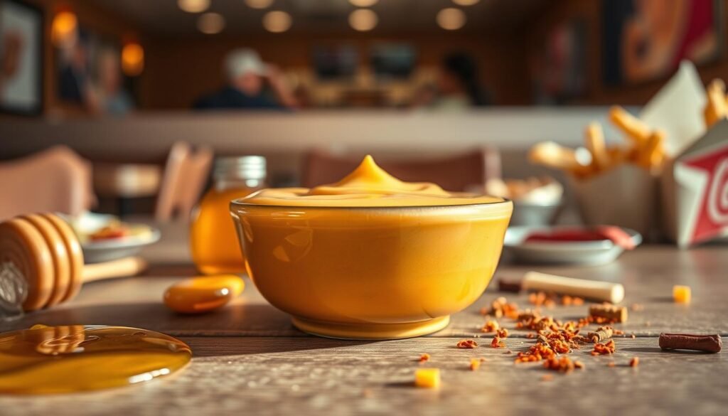 A close-up composition showcasing a small bowl of Chick-fil-A Sauce placed elegantly on a wooden table. The sauce is rich and creamy, glistening under soft natural lighting that highlights its golden hue. Surrounding the bowl, fresh ingredients like honey, mustard, and a hint of spices scatter artistically, suggesting the flavors that contribute to its unique taste. In the background, there's a blurred out dining scene with a hint of a fast-food restaurant interior, fostering a casual yet inviting atmosphere. The image captures the essence of indulgence while maintaining a focus on the nutritional aspect, illustrating the balance of flavor and calorie content. The mood is warm and inviting, perfect for culinary discussions around nutrition.