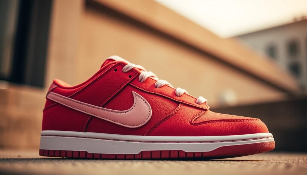 A close-up, detailed view of the Dunk Low “Red Lobster” sneaker showcasing its unique red and pink clay color scheme. In the foreground, the textured surface of the sneaker material, highlighting the intricate stitching and vibrant hues of red and pink. The midsection features a contrasting soft pink clay design element, emphasizing the sneaker’s artistic details and craftsmanship. In the background, a blurred, muted color palette suggests a sleek urban environment, enhancing the focus on the sneaker. The lighting is warm and inviting, casting soft shadows to accentuate the contours of the shoe. The overall mood is sporty yet stylish, capturing the essence of the 2008 “Red Lobster” Dunk design, aimed at sneaker enthusiasts.