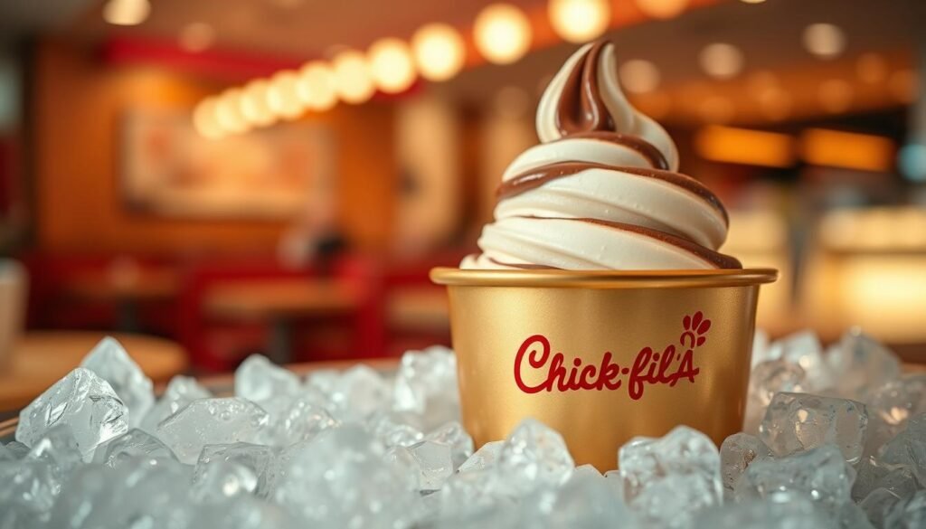 A close-up image of a bowl filled with shimmering nugget ice, showcasing the characteristic small, chewy pieces glistening under soft, ambient light. The foreground features the nugget ice, with droplets of water adding a refreshing touch. In the middle ground, place a gold Chick-fil-A branded cup filled with creamy ice cream, with swirls of rich vanilla and classic chocolate, enticingly melting slightly atop the ice. The background is softly blurred, suggesting a cozy dining atmosphere, with hints of a bustling restaurant in warm colors that add to a welcoming mood. Capture the scene from a slightly elevated angle to emphasize the textures of the ice and ice cream, creating an inviting and refreshing experience.