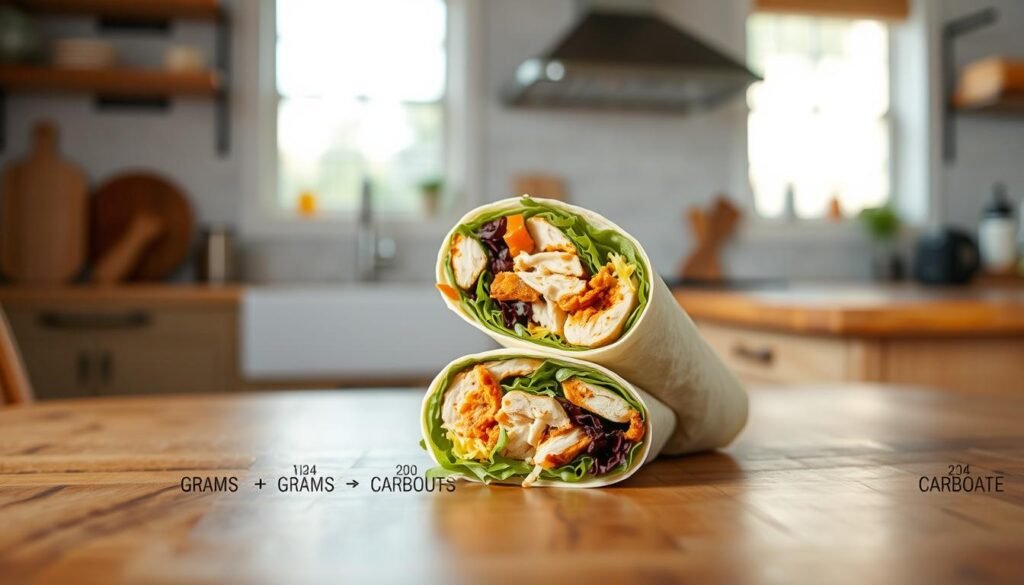 A close-up image of a colorful Chick-fil-A Cool Wrap displayed prominently on a rustic wooden table in a well-lit kitchen setting. The wrap is sliced in half to reveal its vibrant contents, showcasing fresh greens, grilled chicken, shredded cheese, and a hint of sauce, with individual ingredients labeled visually as "grams" and "carbohydrates" in a sleek, modern style that feels educational yet friendly. In the background, soft natural light filters through a window, casting gentle shadows and enhancing the freshness of the ingredients. The atmosphere is inviting and health-conscious, perfect for a nutritional discussion, with a shallow depth of field focusing on the Cool Wrap while softly blurring the background.