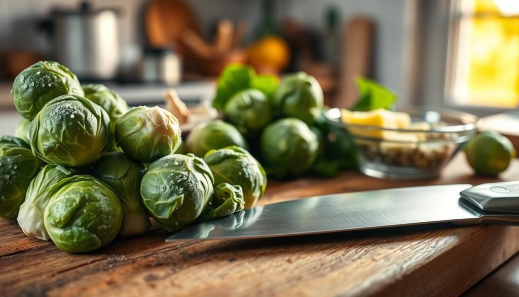 A close-up image of fresh, vibrant Brussels sprouts, their green outer leaves slightly frosted with dew, showcasing a rich, textured surface. In the foreground, a handful of the sprouts are placed on a rustic wooden cutting board, along with a sharp chef's knife reflecting soft kitchen light. In the middle, a bowl of seasoned garlic, butter, and herbs rests beside the Brussels sprouts, hinting at the preparation stage. The background includes a softly blurry kitchen setting with warm, natural light streaming in through a window, creating an inviting atmosphere. The image captures the essence of a cozy culinary experience, emphasizing freshness and the anticipation of cooking delicious Brussels sprouts.