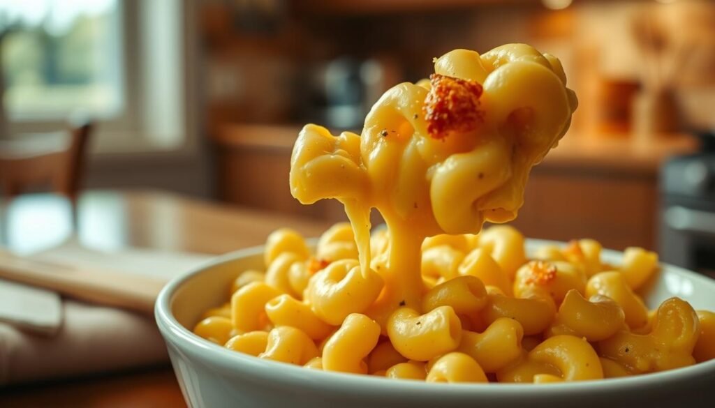 A close-up, mouthwatering view of a serving of Chick-fil-A mac and cheese in a classic white bowl, highlighting its creamy, cheesy texture and golden-brown crust. In the foreground, capture a fork lifting a generous scoop, with gooey cheese stretching enticingly. In the middle, focus on the rich, decadent layers of macaroni enveloped in a velvety cheese sauce, sprinkled with a hint of black pepper for contrast. In the background, soft, blurred kitchen elements, such as warm wooden countertops and a gentle light source from a nearby window, create a cozy, inviting atmosphere. The image should evoke feelings of comfort and indulgence, showcasing the dish as a wholesome yet delicious choice for a meal. Use soft, natural lighting to enhance the creamy colors and textures. A close-up, mouthwatering view of a serving of Chick-fil-A mac and cheese in a classic white bowl, highlighting its creamy, cheesy texture and golden-brown crust. In the foreground, capture a fork lifting a generous scoop, with gooey cheese stretching enticingly. In the middle, focus on the rich, decadent layers of macaroni enveloped in a velvety cheese sauce, sprinkled with a hint of black pepper for contrast. In the background, soft, blurred kitchen elements, such as warm wooden countertops and a gentle light source from a nearby window, create a cozy, inviting atmosphere. The image should evoke feelings of comfort and indulgence, showcasing the dish as a wholesome yet delicious choice for a meal. Use soft, natural lighting to enhance the creamy colors and textures.
