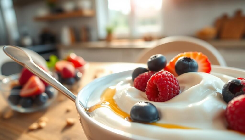 A close-up of a creamy bowl of protein Greek yogurt is placed in the foreground, showcasing its smooth texture, with a spoon gently resting beside it. The yogurt is adorned with vibrant, fresh berries like blueberries, strawberries, and raspberries, adding pops of color. In the middle ground, a few scattered granola clusters and a drizzle of honey enhance the visual appeal and suggest healthy add-ins. The background features a softly blurred kitchen table setting, with natural sunlight streaming in from the window, casting a warm glow that evokes a cozy atmosphere. The image captures the essence of delicious healthy eating, aiming for a fresh and inviting mood, ideal for a wholesome snack or breakfast option.