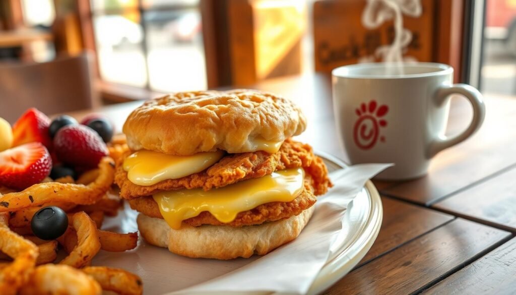 A close-up of a vibrant breakfast spread at Chick-fil-A in Saginaw, MI, featuring a golden, crispy chicken biscuit with a pat of melting butter, served alongside hash browns that are perfectly crisped. A side of fresh fruit, like strawberries and blueberries, adds a pop of color. In the background, a steaming cup of coffee sits on a rustic wooden table, with soft morning light filtering through a nearby window, casting gentle shadows. The scene conveys a warm and inviting atmosphere, perfect for starting the day. The image is taken from a slightly elevated angle to highlight the delicious details of the breakfast items, ensuring an enticing and appetizing view.