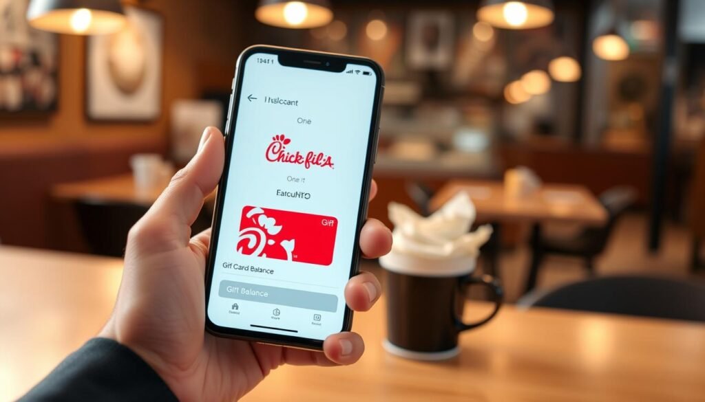 A close-up scene of a person's hand holding a smartphone displaying the Chick-fil-A One account interface, showing a digital gift card balance. The foreground features a crisp, well-lit smartphone with a clear screen, focusing on the vibrant Chick-fil-A logo and gift card details. In the middle, a soft, blurred coffee shop background with warm lighting creates a cozy atmosphere, suggesting a casual dining experience. The mood is inviting and friendly, indicative of enjoying a favorite meal while managing gift card balances. The person in the foreground is wearing smart-casual attire, reflecting a relaxed yet attentive vibe. The shot is captured from a slightly elevated angle, ideally framing the smartphone and hands while showing a faint reflection of the surrounding environment.