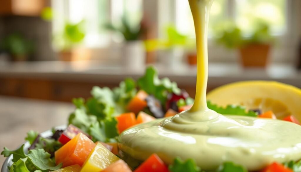 A close-up shot of a creamy avocado lime ranch dressing being drizzled over a fresh salad. In the foreground, the dressing glistens with vibrant green and pale yellow tones, showcasing its smooth texture. In the middle, mixed greens, crispy lettuce, and colorful diced vegetables create a fresh contrast. The background features a soft-focus kitchen setting with natural light filtering through a window, creating a warm and inviting atmosphere. The lighting highlights the silky consistency of the dressing, emphasizing its rich and creamy nature. The mood is fresh and appetizing, ideal for showcasing culinary delight. No text or watermarks, just the tantalizing textures of the food.