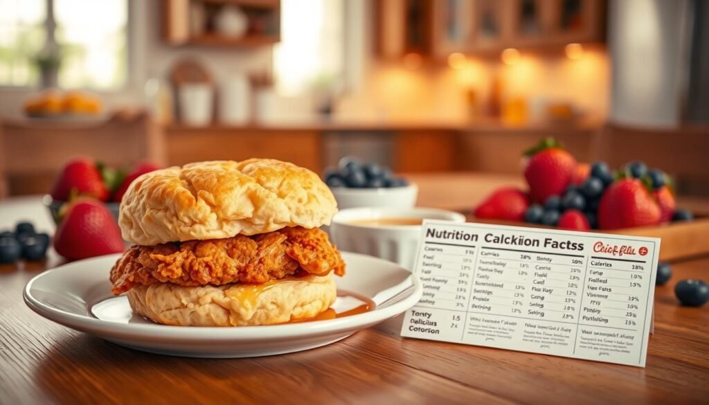 A close-up shot of a delicious Chick-fil-A Chicken Biscuit on a wooden breakfast table, emphasizing the flaky biscuit texture and crispy chicken, surrounded by fresh fruits like strawberries and blueberries. In the background, a well-lit kitchen setting with soft morning light filtering through a window, creating a warm and inviting atmosphere. The foreground should feature a neatly arranged plate with the biscuit, a small bowl of honey, and nutritional information cards artistically displayed next to it, highlighting calories, fat, carbs, and protein in an engaging way. The overall mood is wholesome and nutritious, perfect for breakfast. The composition should have a shallow depth of field to keep the biscuit the focal point while subtly blurring the background details.