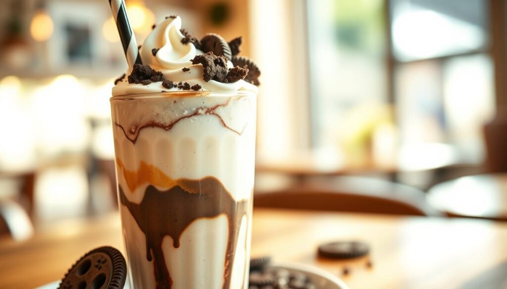 A close-up shot of a delicious cookies and cream milkshake, showcasing layers of creamy vanilla and chocolate ice cream swirled together, topped with generous chunks of crushed chocolate cookies. In the foreground, a tall, frosty glass filled with the milkshake, adorned with a dollop of whipped cream and a sprinkle of cookie crumbs. A sleek straw peeks out, inviting the viewer to indulge. The middle ground features a subtle plate with additional cookie pieces scattered artistically around the glass. The background is softly blurred with a warm, inviting café atmosphere, illuminated by gentle, natural sunlight filtering through a window, casting soft shadows. The mood is cozy and delightful, evoking a sense of comfort and indulgence, perfect for a treat experience. A close-up shot of a delicious cookies and cream milkshake, showcasing layers of creamy vanilla and chocolate ice cream swirled together, topped with generous chunks of crushed chocolate cookies. In the foreground, a tall, frosty glass filled with the milkshake, adorned with a dollop of whipped cream and a sprinkle of cookie crumbs. A sleek straw peeks out, inviting the viewer to indulge. The middle ground features a subtle plate with additional cookie pieces scattered artistically around the glass. The background is softly blurred with a warm, inviting café atmosphere, illuminated by gentle, natural sunlight filtering through a window, casting soft shadows. The mood is cozy and delightful, evoking a sense of comfort and indulgence, perfect for a treat experience.