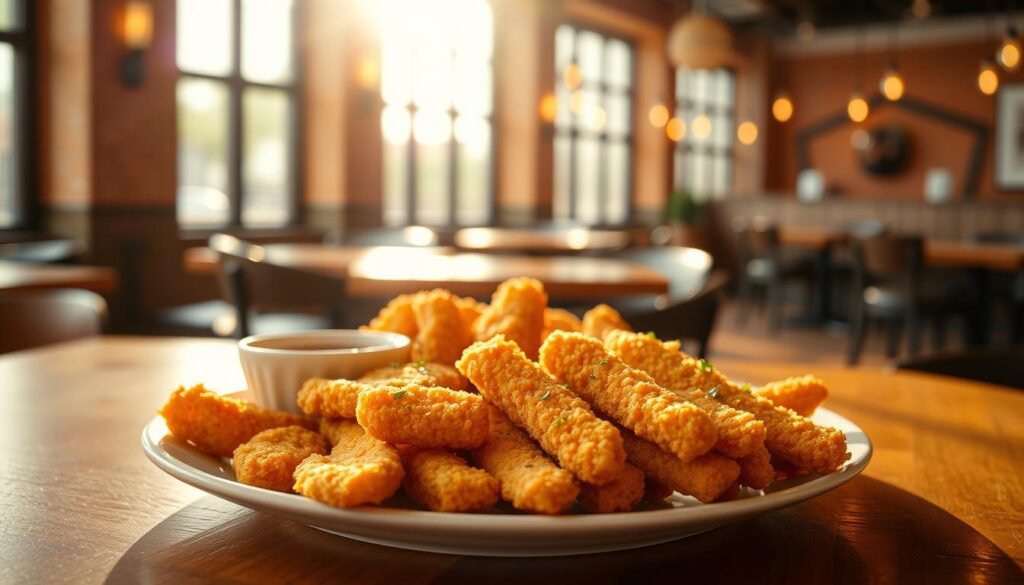 A close-up shot of a gourmet serving of Chick-fil-A Chick-n-Strips arranged neatly on a wooden table, with a small side of dipping sauce in a modern ceramic dish. The foreground focuses on the crispy, golden-brown strips, showcasing their texture and garnished with fresh herbs. In the middle, a balanced comparison plate displays a few Chick-fil-A nuggets, deliberately placed to highlight the difference in size and breading. In the background, a soft-focus dynamic of a bright, inviting restaurant setting illuminates the scene with natural sunlight streaming through large windows, casting gentle shadows. The atmosphere is warm and inviting, evoking a sense of casual dining and indulgence, perfect for food comparison visuals.