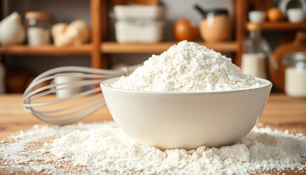 A close-up shot of a vibrant, clean bowl filled with enriched bleached flour, the fine white powder distinctly textured and glowing softly under natural lighting. In the foreground, scattered flour dust creates an artistic arrangement around the bowl, emphasizing its purity. The middle layer features a whisk and measuring cups artfully placed, hinting at the baking process, while the background includes blurred shelves stocked with baking ingredients, creating a cozy kitchen atmosphere. The lighting is warm and inviting, enhancing the flour's creamy white color, with a slightly shallow depth of field focusing on the flour in the bowl. The overall mood is fresh and wholesome, illustrating the quality and sublimity of this essential baking ingredient.