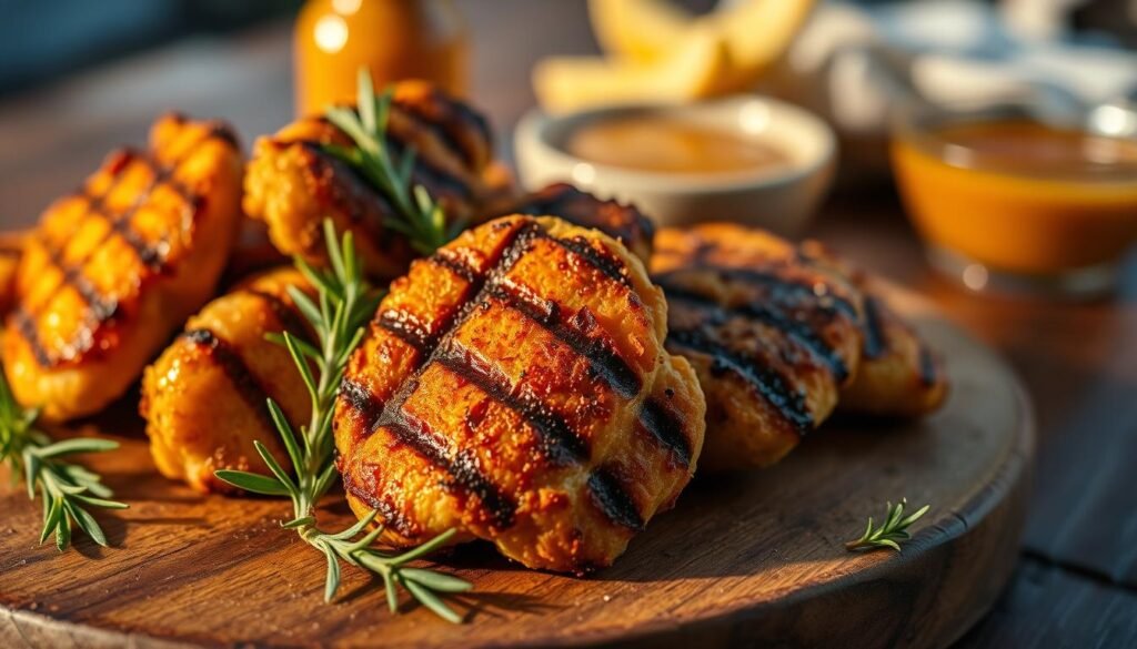 A close-up shot of beautifully grilled chicken nuggets, showcasing their golden-brown, slightly charred exterior with visible grill marks. The nuggets are arranged on a rustic wooden platter, surrounded by fresh herbs like rosemary and thyme, adding a pop of green. In the background, a soft-focus view of a casual dining table with a dipping sauce in a small bowl, perhaps honey mustard or barbecue, complements the scene. The lighting is warm and inviting, mimicking the gentle glow of a late afternoon sun, which enhances the textures and colors of the nuggets. The mood is cozy and appetizing, making the grilled nuggets look both delicious and tempting to the viewer. A close-up shot of beautifully grilled chicken nuggets, showcasing their golden-brown, slightly charred exterior with visible grill marks. The nuggets are arranged on a rustic wooden platter, surrounded by fresh herbs like rosemary and thyme, adding a pop of green. In the background, a soft-focus view of a casual dining table with a dipping sauce in a small bowl, perhaps honey mustard or barbecue, complements the scene. The lighting is warm and inviting, mimicking the gentle glow of a late afternoon sun, which enhances the textures and colors of the nuggets. The mood is cozy and appetizing, making the grilled nuggets look both delicious and tempting to the viewer.