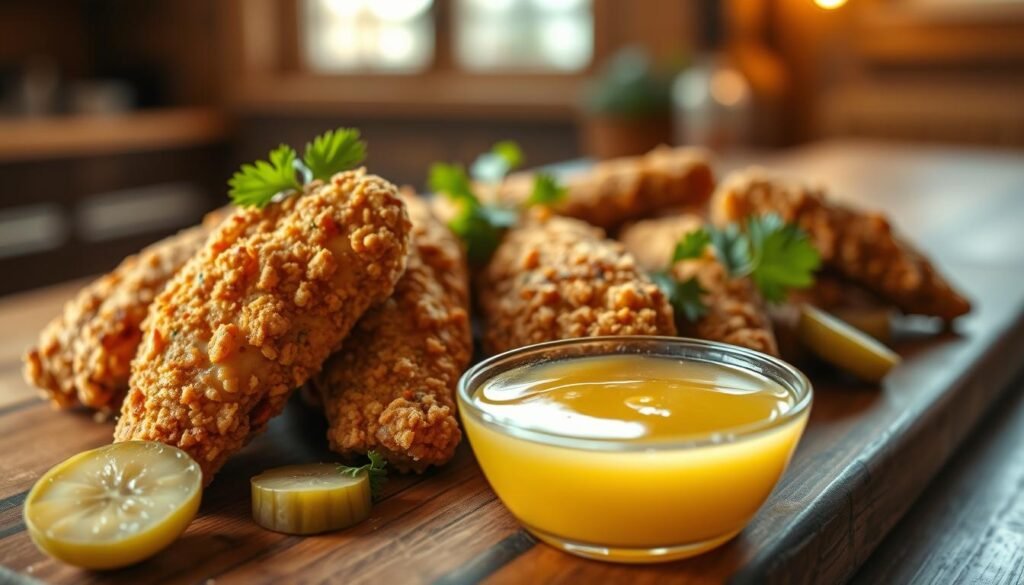 A close-up shot of crispy, golden-brown chicken tenders marinated in spicy pickle juice, arranged elegantly on a rustic wooden platter. In the foreground, a small bowl of bright, tangy pickle juice sits next to the tenders, glistening under soft, natural lighting. The middle ground features an array of fresh, crunchy pickles, complementing the chicken, with sprigs of parsley for garnish adding a pop of color. The blurred background hints at a cozy, inviting kitchen setting, with warm light filtering through a nearby window, creating a homely atmosphere. Emphasize textures of the chicken coating and the glossy surface of the pickle juice, evoking a sense of delicious indulgence and comfort food satisfaction. A close-up shot of crispy, golden-brown chicken tenders marinated in spicy pickle juice, arranged elegantly on a rustic wooden platter. In the foreground, a small bowl of bright, tangy pickle juice sits next to the tenders, glistening under soft, natural lighting. The middle ground features an array of fresh, crunchy pickles, complementing the chicken, with sprigs of parsley for garnish adding a pop of color. The blurred background hints at a cozy, inviting kitchen setting, with warm light filtering through a nearby window, creating a homely atmosphere. Emphasize textures of the chicken coating and the glossy surface of the pickle juice, evoking a sense of delicious indulgence and comfort food satisfaction.