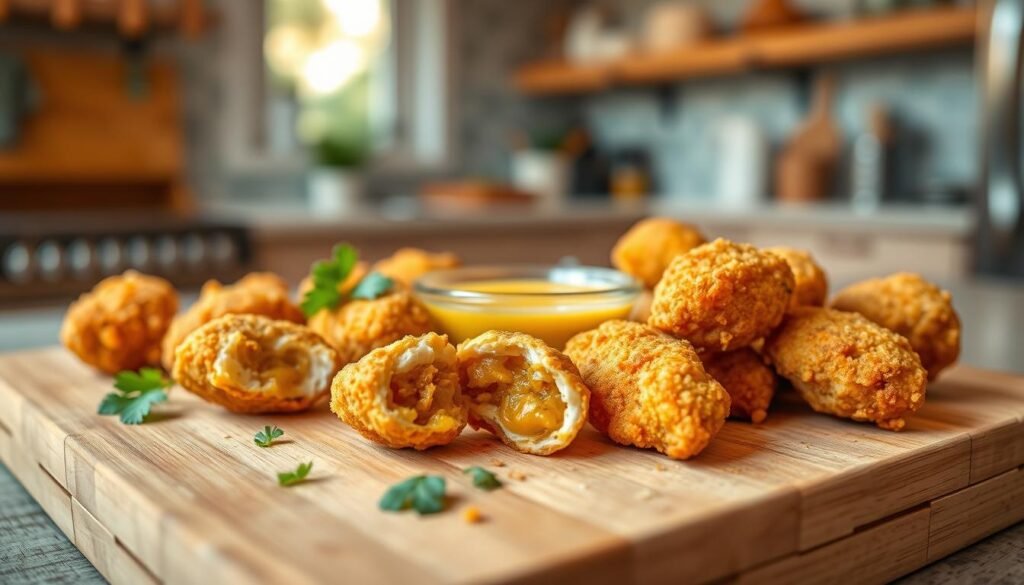 A close-up shot of golden-brown, crispy chicken nuggets freshly pulled from a modern oven, arranged neatly on a rustic wooden cutting board. In the foreground, a few nuggets are slightly broken open, revealing juicy meat inside. In the middle, a small bowl of honey mustard sauce is artfully placed for dipping, with fresh parsley scattered around for a pop of color. The background features a softly blurred kitchen setting, with warm natural light streaming in through a window, creating a welcoming and homely atmosphere. The focus on the food emphasizes its crave-worthy appeal, while maintaining a neat and appetizing presentation. The angle is slightly overhead, enhancing the visual appeal of this delicious breakfast treat.