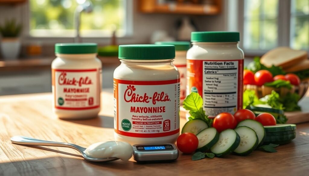 A close-up still life of Chick-fil-A mayonnaise jars on a wooden kitchen table, showcasing one jar open with a spoon resting beside it, revealing a creamy texture. In the foreground, display fresh ingredients like sliced cucumbers and cherry tomatoes, arranged artfully to emphasize healthy choices. In the middle, add a small digital scale and nutrition facts sleekly displayed next to the mayo, focusing on calorie count and essential nutrients depicted in an appealing way. In the background, softly blurred images of a sunny outdoor picnic scene create a warm and inviting atmosphere. The lighting is bright and natural, mimicking daylight, enhancing the freshness of the scene, shot with a shallow depth of field to ensure clarity on key elements.