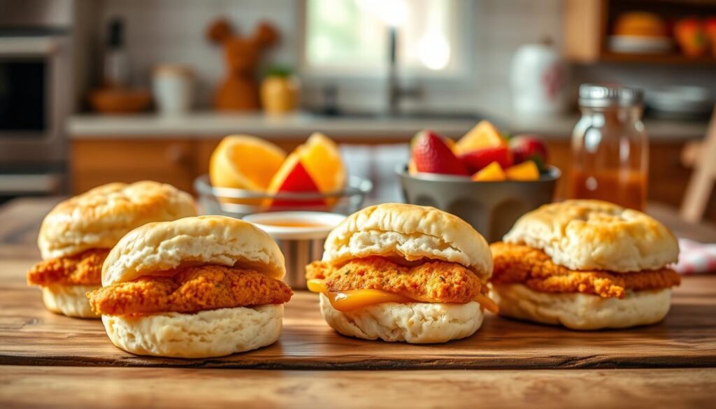A close-up view of Chick-fil-A Chicken Minis arranged on a rustic wooden table, showcasing their fluffy, golden biscuits with tender chicken fillets peeking from within. A small dish of Honey Butter and a side of spicy dipping sauce sit nearby, adding vibrant colors. The foreground captures the texture of the chicken and biscuits, while the middle ground features fresh fruit slices like strawberries and orange wedges for contrast. In the background, a softly blurred cozy kitchen setting with warm, natural lighting highlights the inviting atmosphere. Use a shallow depth of field to focus on the food, capturing a warm and inviting mood ideal for a breakfast setting, evoking a sense of comfort and indulgence.