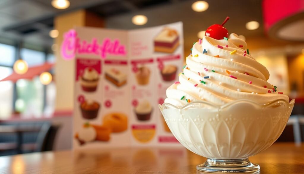 A close-up view of a beautifully designed Chick-fil-A Ice Dream menu, prominently featuring an image of the Ice Dream dessert in an elegant bowl, topped with colorful sprinkles and a cherry. The foreground showcases the creamy texture of the Ice Dream, inviting and appetizing. In the middle ground, the menu highlights various ice cream flavors and desserts, crafted with an appealing layout and vibrant colors. The background is softly blurred, depicting a cozy Chick-fil-A restaurant setting, with warm, natural lighting that creates a friendly atmosphere. The scene is captured using a soft-focus lens to enhance the dreamy quality of the ice cream, emphasizing a delightful and relaxing mood.