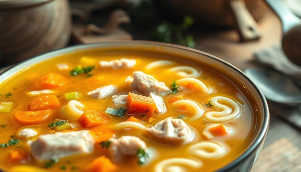 A close-up view of a bowl of steaming chicken noodle soup, with vibrant, rich broth highlighting its golden hue. In the foreground, floating pieces of tender chicken, colorful diced carrots, and celery create a hearty mix, while spirals of egg noodles swirl gracefully in the savory liquid. The middle ground includes hints of fresh herbs like parsley and thyme, enhancing the visual appeal. Soft, natural light illuminates the scene from the right, casting gentle shadows and emphasizing the soup's texture. In the background, a rustic wooden table adds warmth, with blurred kitchen utensils hinting at a cozy cooking environment. The overall mood is inviting and comforting, evoking the delicious flavors of home-cooked soup.
