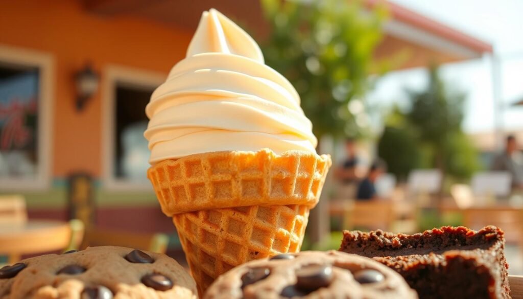 A close-up view of a delicious Chick-fil-A Icedream cone, showcasing its creamy texture and perfect swirl on top. The cone is made of crispy, golden-brown waffle, glistening under soft, natural sunlight that highlights the smooth, velvety ice cream. In the foreground, a few chocolate chip cookies and a rich brownie complement the Icedream, adding a tempting array of treats. The background features a blurred outdoor setting, with a hint of a cheerful restaurant atmosphere, such as green trees or colorful patio furniture, enhancing the inviting mood. The lighting is warm and inviting, creating a delightful ambiance around the desserts. The camera angle is slightly above, giving a tantalizing perspective that draws the viewer's eye to the delicious details of the Icedream cone and treats.