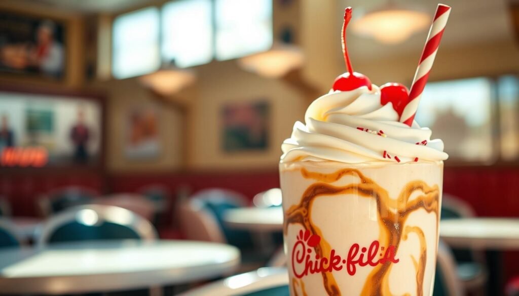A close-up view of a delicious Chick-fil-A hand-spun milkshake, featuring a creamy, thick texture topped with whipped cream and a cherry, set against a softly blurred background of a cozy diner setting. The foreground captures the milkshake with a glass embellished in vibrant colors, showcasing swirls of vanilla and chocolate. Natural lighting bathes the scene, creating a warm and inviting atmosphere, with sunlight streaming in through a window that casts gentle shadows. The shake is garnished with sprinkles and a colorful straw, emphasizing its inviting nature. The overall mood is cheerful and indulgent, making the viewer crave the refreshing treat.