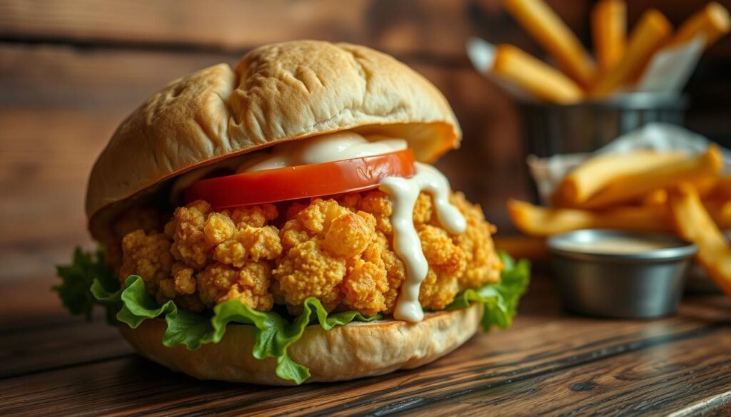 A close-up view of a delicious cauliflower sandwich, featuring a thick, golden-battered cauliflower steak nestled between two soft, toasted brioche buns. The sandwich is garnished with crisp lettuce and a slice of ripe tomato, with a creamy sauce drizzled generously over the top. The background features a rustic wooden table, subtly blurred to keep the focus on the sandwich. Warm, inviting lighting envelops the scene, highlighting the textures of the cauliflower and the bread. A hint of freshness is shown with a side of golden fries and a small dish of dipping sauce. The overall mood is casual and inviting, perfect for a midday meal or a quick snack. A close-up view of a delicious cauliflower sandwich, featuring a thick, golden-battered cauliflower steak nestled between two soft, toasted brioche buns. The sandwich is garnished with crisp lettuce and a slice of ripe tomato, with a creamy sauce drizzled generously over the top. The background features a rustic wooden table, subtly blurred to keep the focus on the sandwich. Warm, inviting lighting envelops the scene, highlighting the textures of the cauliflower and the bread. A hint of freshness is shown with a side of golden fries and a small dish of dipping sauce. The overall mood is casual and inviting, perfect for a midday meal or a quick snack.
