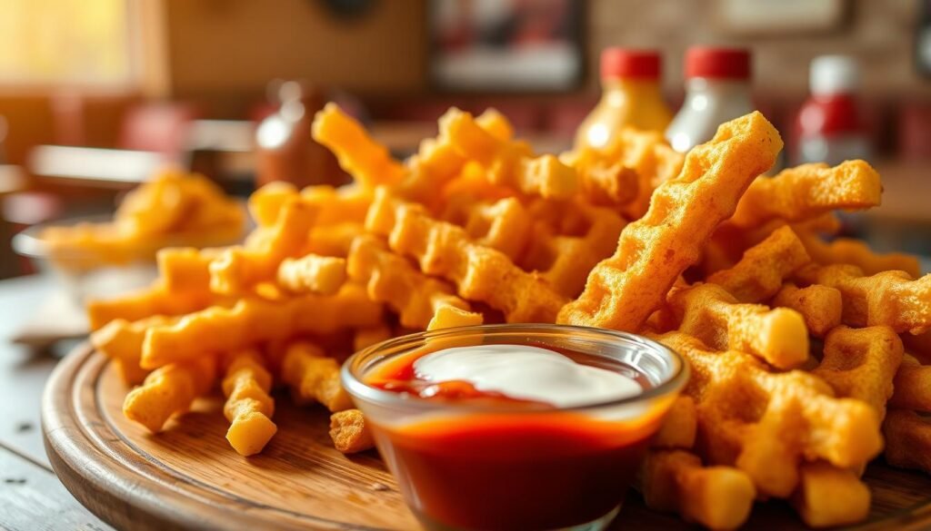 A close-up view of a delicious plate of Chick-fil-A waffle fries, expertly arranged to highlight their unique shape and texture. The fries have a golden-brown color and crispy surface, showing a light sheen of oil. In the foreground, a small bowl of dipping sauce, such as ketchup or ranch, adds a vibrant contrast. The middle ground focuses on a rustic wooden table, enhancing the cozy feel of a fast-food restaurant. In the background, softly blurred, are hints of additional condiments and a casual dining setting, creating an inviting atmosphere. The lighting is warm and inviting, simulating natural sunlight pouring in, capturing the essence of comfort food. The image is clear and detailed, aiming to emphasize the nutritional aspects of waffle fries.
