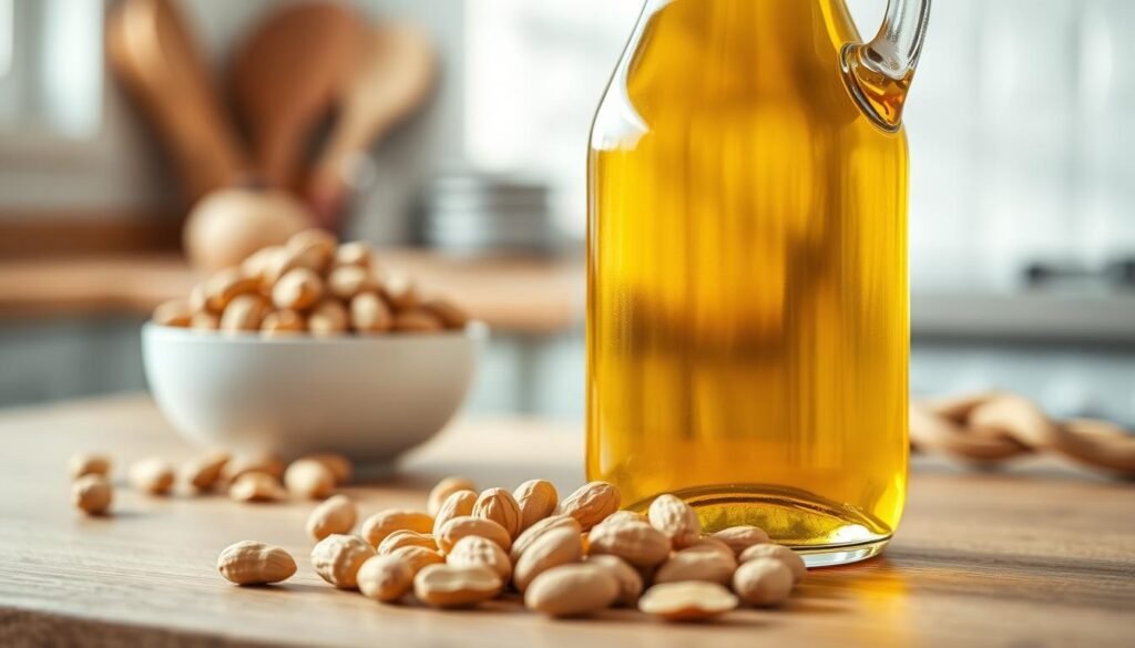 A close-up view of a glass bottle of golden peanut oil, glistening under soft natural light, set on a wooden kitchen countertop. In the foreground, a handful of whole peanuts scattered next to the bottle, hinting at the source of the oil. The middle ground shows a subtle background with a white bowl containing a few peanuts, while behind, soft blurred kitchen utensils create a homely atmosphere. Light filtering through a nearby window casts gentle shadows, enhancing the textures of the oil and peanuts. The overall mood is inviting yet informative, emphasizing the relationship between peanut oil and allergies without any distractions or text.