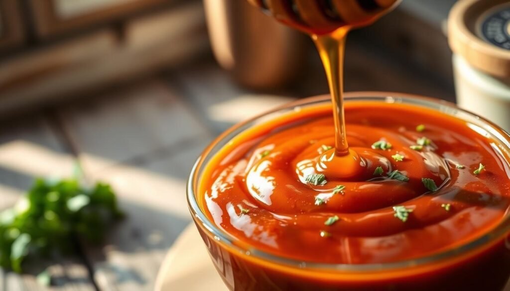A close-up view of a glossy bowl of honey roasted BBQ sauce, rich and thick, with a deep amber color reflecting the warm light. The sauce is garnished with a drizzle of honey and a sprinkle of freshly chopped herbs like parsley or cilantro for added texture. In the background, a rustic wooden table enhances the barbecue theme, with soft, natural lighting coming from a window, casting gentle shadows. The atmosphere feels inviting and homely, suggesting a quick and easy cooking process. The camera angle is slightly above the bowl to catch its sheen and depth, emphasizing the sauce's deliciousness, designed to evoke cravings for a flavorful BBQ experience. No text or additional elements present.