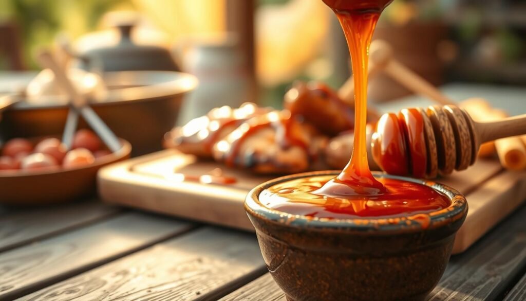 A close-up view of a glossy, rich honey roasted BBQ sauce in a small rustic bowl, with a matching honey dipper beside it, drizzling sauce artfully onto the bowl. The foreground features the sauce, emphasizing its thick, sticky texture and shiny caramel color. In the middle, a few grilled chicken pieces drizzled with the sauce are artistically placed on a wooden cutting board, showcasing the dish's appeal. The background includes a blurred outdoor barbecue setting, with warm golden-hour sunlight filtering through, creating a cozy and inviting atmosphere. The image captures the essence of summer gatherings, with soft focus and warm hues to evoke a sense of comfort and deliciousness.