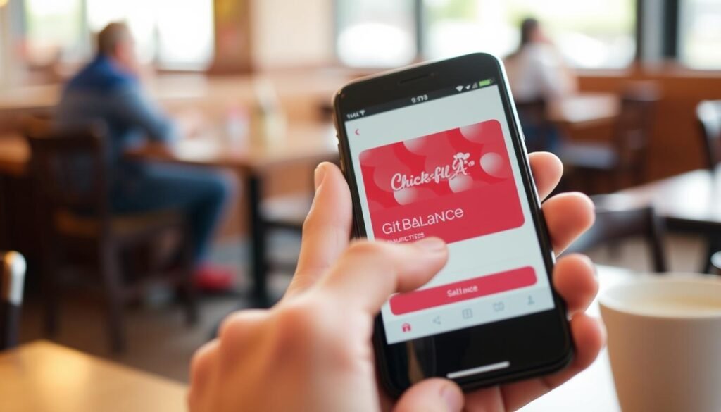 A close-up view of a mobile app screen displaying a Chick-fil-A gift card balance. The foreground features a smartphone held by a user, showing an intuitive and colorful interface, with the balance prominently highlighted in an easy-to-read font. The middle ground includes the user's hand, casually dressed, tapping on the screen with fingers poised for navigation. The background is softly blurred, hinting at a cozy cafe setting to create a relaxing atmosphere. Warm, natural light filters in, enhancing the inviting vibe and highlighting the app’s features. The overall mood is friendly and efficient, conveying a sense of ease in managing the gift card balance.