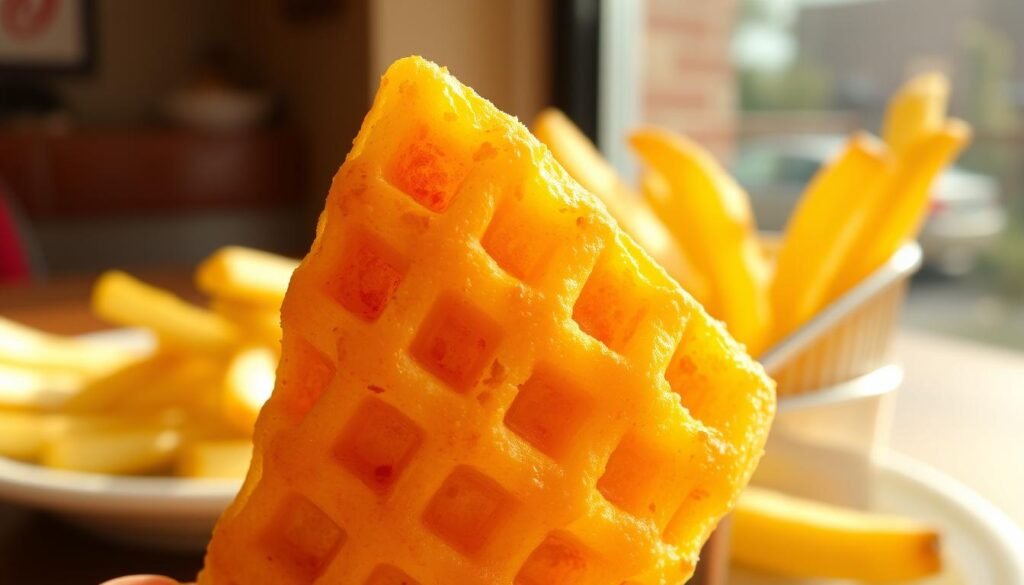 A close-up view of a perfectly cooked Chick-fil-A waffle potato fry, showcasing its unique shape with large, crispy ridges. The fry is glistening with a light golden-brown color, with a hint of steam rising, suggesting it's fresh and hot. In the background, a soft-focus plate of regular French fries creates a subtle contrast. Natural sunlight pours in from a nearby window, casting gentle shadows on the fries, enhancing their texture. The atmosphere feels warm and inviting, ideal for a casual dining experience. The angle captures the fry at a slight tilt, emphasizing its thickness and texture, inviting viewers to appreciate the differences between waffle and regular French fries without distractions.