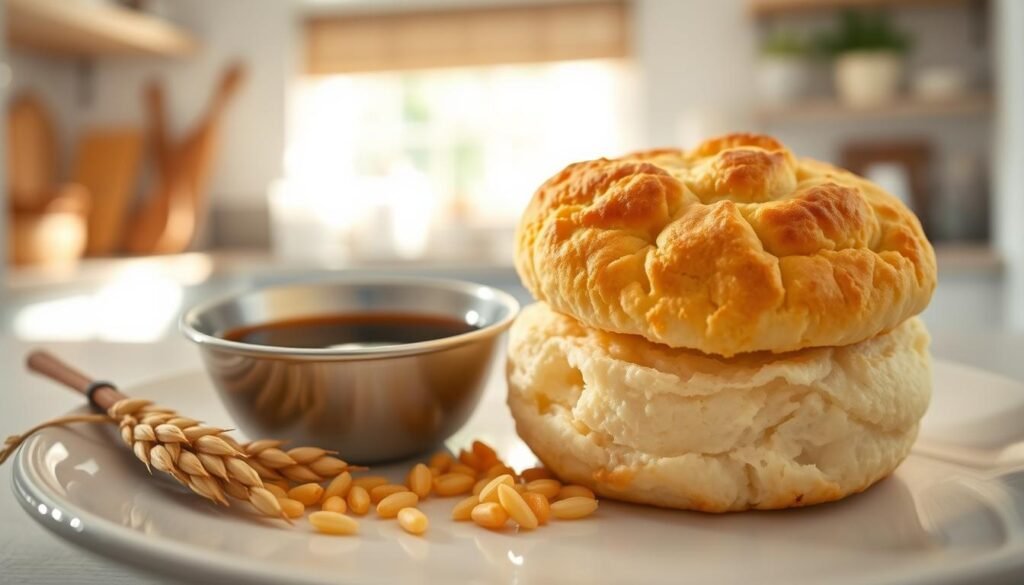 A close-up view of a plate featuring a freshly baked Chick-fil-A biscuit alongside a small bowl of soy sauce and a scattering of wheat grains. The biscuit is golden brown, flaky, and slightly crumbly, exuding warmth, while the soy sauce has a glossy sheen, enhancing the visual appeal. In the background, softly blurred kitchen elements create a bright and inviting atmosphere, using soft natural light coming from a window, casting gentle shadows. The composition should have a shallow depth of field, accentuating the textures of the biscuit and the contrasting colors of the wheat and soy sauce. The image should evoke a sense of wholesome, careful eating, highlighting dietary considerations in a visually engaging manner.