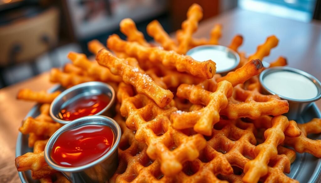 A close-up view of a plate overflowing with golden-brown waffle potato fries, perfectly crispy with a unique texture showcasing their iconic shape. The fries are strategically arranged in a circular pattern, garnished with a sprinkle of sea salt and served with small containers of vibrant dipping sauces, like zesty ketchup and creamy ranch. The background gently blurs into a warm, inviting restaurant setting, with soft ambient lighting that casts a cozy glow on the dish. The focus is sharp on the fries, with a slight overhead angle capturing their appetizing details. This image exudes a mouth-watering appeal, emphasizing the deliciousness and nutritional aspects of waffle fries in a way that's visually engaging and enticing.