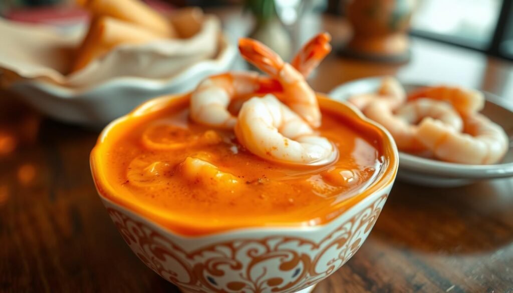 A close-up view of a small, elegant bowl of shrimp sauce, boasting a rich orange-red color with hints of spices glistening on the surface. The foreground features the bowl, intricately designed with a subtle floral pattern, filled to the brim with the luscious sauce. In the middle, a few shrimp pieces are artistically arranged around the bowl, their pink and white hues contrasting beautifully with the sauce. In the background, there are soft-focus hints of a rustic wooden table and a hint of décor that suggests a cozy seafood restaurant ambiance. Warm, natural lighting invokes a welcoming atmosphere. The angle is slightly elevated, capturing the texture of the sauce and the freshness of the shrimp, inviting viewers into the experience.