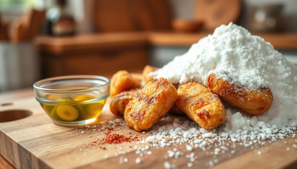 A close-up view of a wooden cutting board topped with a generous mound of powdered sugar, glistening with fine texture and subtle reflections. In the foreground, a small glass bowl filled with pickle brine sits elegantly next to the powdered sugar. The middle ground features seasoned grilled chicken nuggets, lightly coated with the powdered sugar, enhancing their golden-brown color. A sprinkle of spices is scattered artistically around the chicken to illustrate seasoning balance. In the background, a softly blurred kitchen setting with warm, natural lighting creates an inviting atmosphere. The overall mood is one of culinary discovery, inviting viewers to learn about flavor secrets in cooking. Use a shallow depth of field to emphasize the powdered sugar and grilled nuggets, ensuring clarity and detail.