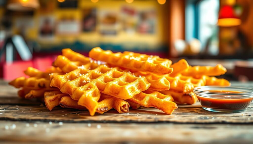 A close-up view of crispy waffle fries arranged artfully on a rustic wooden table. The fries are golden-brown, showcasing their unique ridged texture, with a light sprinkle of sea salt glistening in the soft, natural light. In the background, blurred hints of a vibrant, cozy fast-food restaurant ambiance with warm colors emphasize a casual dining atmosphere. The scene captures a sense of comfort and indulgence, inviting the viewer to appreciate the detail in the food. The lighting is warm and inviting, simulating late afternoon sunlight, enhancing the appetizing appeal of the waffle fries. A hint of dipping sauce is placed to the side, adding to the visual richness without overwhelming the focus on the fries.